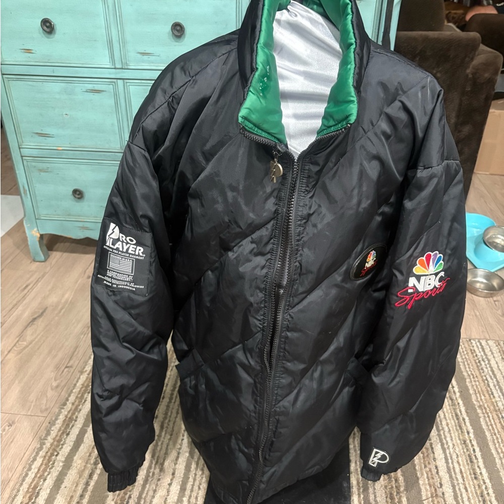 Vintage Pro Player NBC Sports Puffer Jacket XL Black Green 90s Oversized